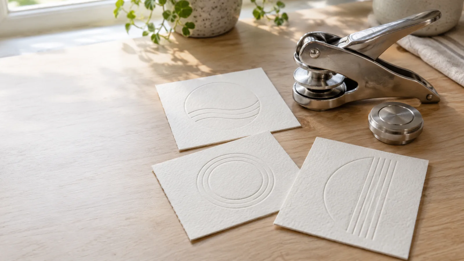 Kìm dập nổi đặt cạnh ba thẻ giấy dày có họa tiết nổi trừu tượng