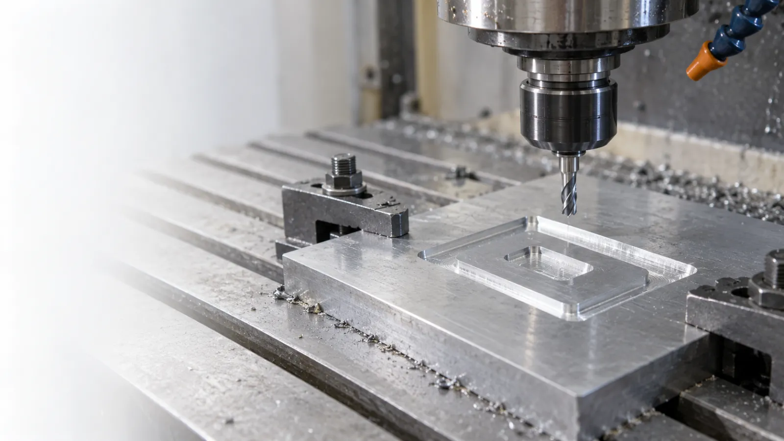 Tấm kim loại phẳng được gá trên bàn CNC cạnh đầu dao và thước đo