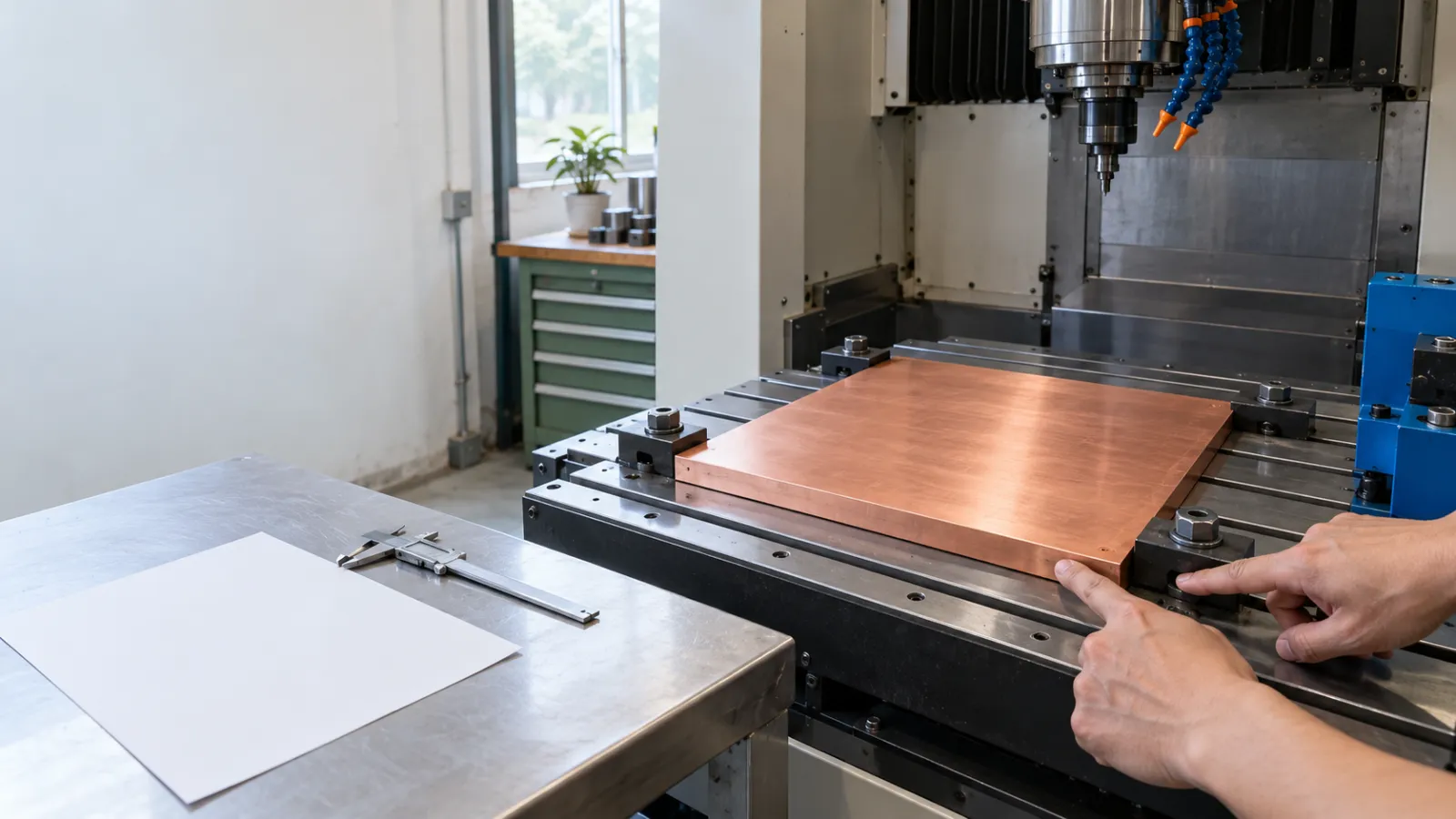 Tấm đồng phẳng được gá trên bàn máy CNC, cạnh thước cặp và giấy bản vẽ trống