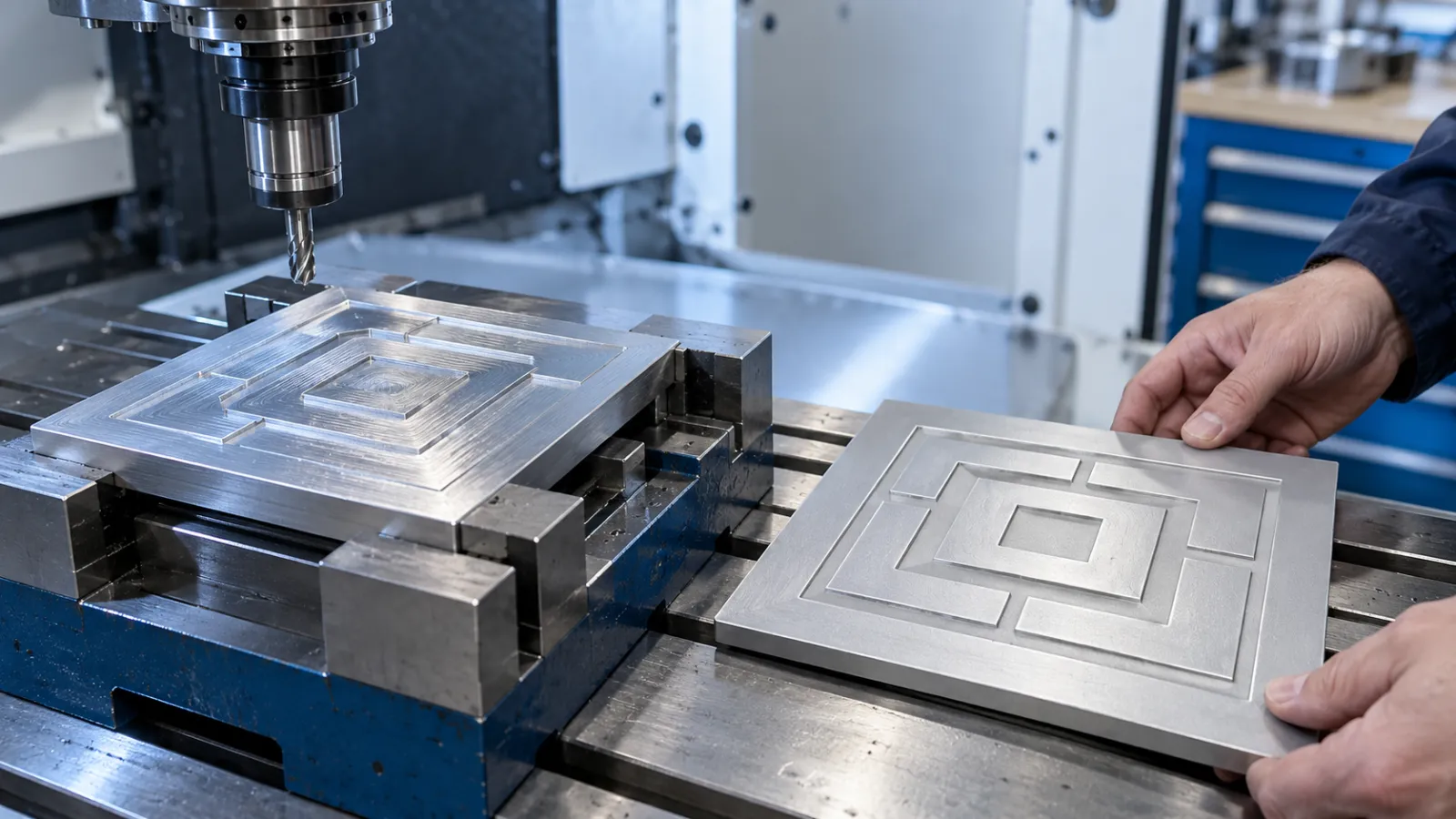 Tấm kim loại trong đồ gá CNC cạnh một tấm khuôn phẳng có các bậc hình học