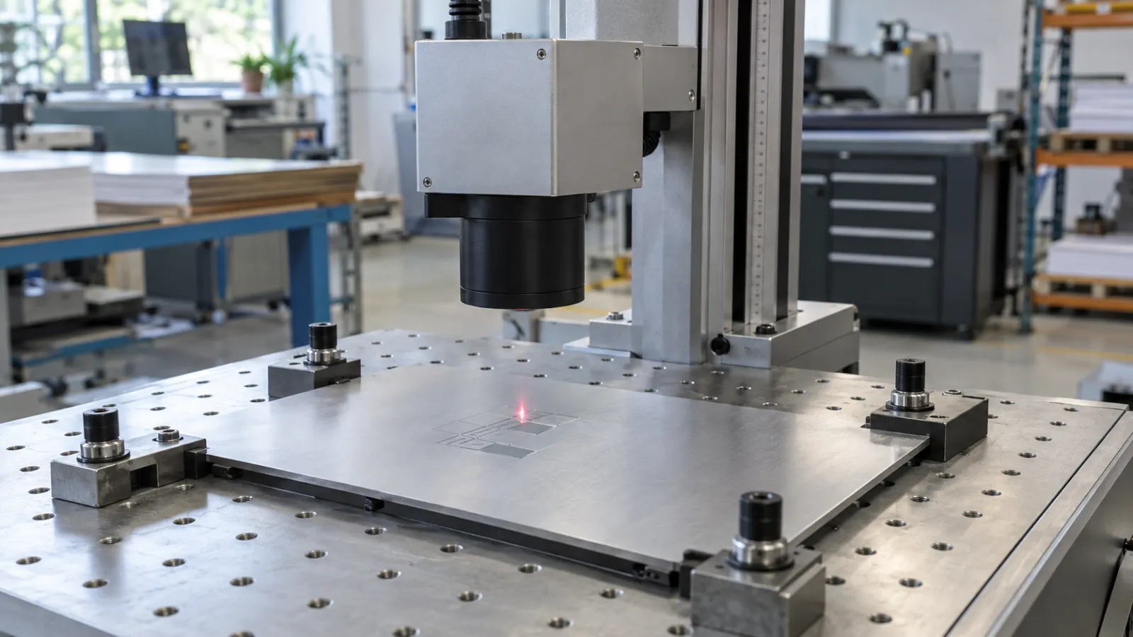 Đầu khắc laser hướng xuống tấm kim loại phẳng được gá trên bàn máy trong xưởng sạch