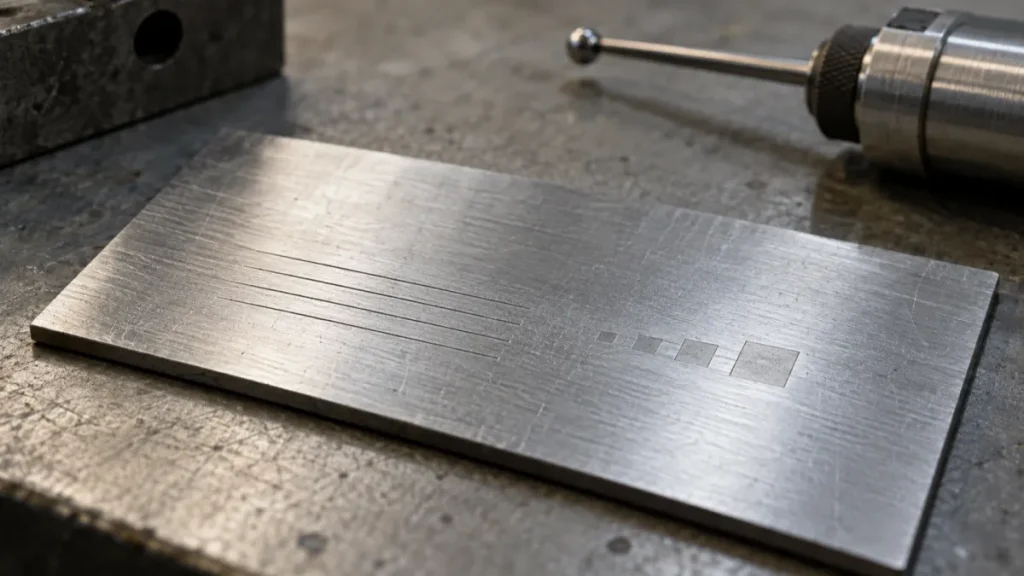Đầu khắc laser tạo vệt sáng trên tấm kim loại phẳng đã được gá chắc, không có chữ hoặc nhãn hiệu