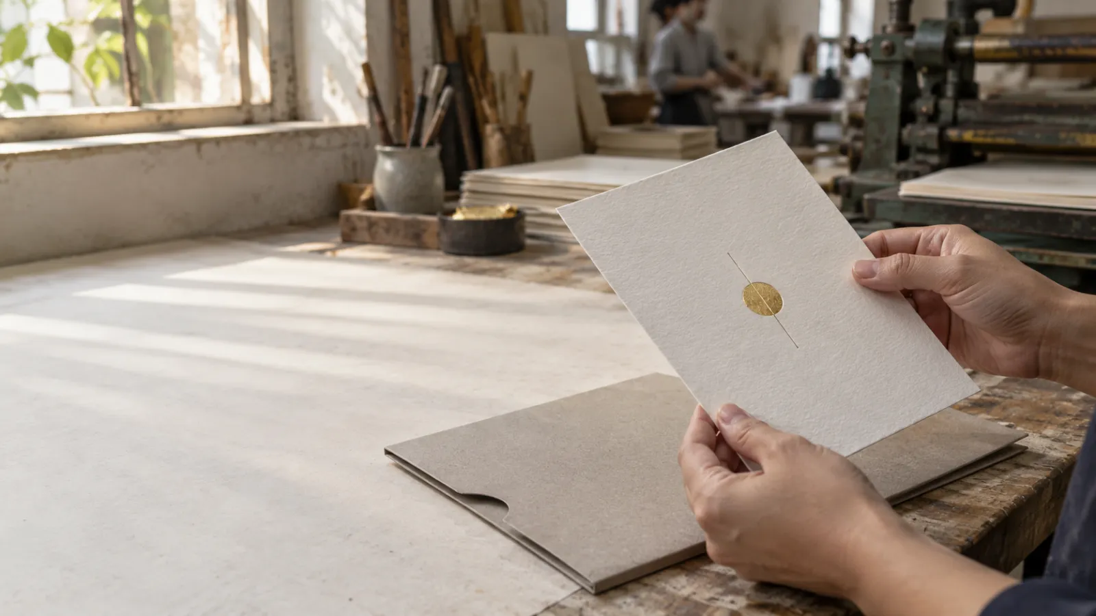Mẫu giấy không chữ có chi tiết nhũ vàng nhỏ đặt cạnh bao bảo quản trung tính