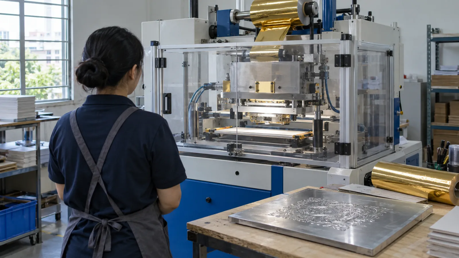 Người vận hành đứng cạnh máy ép phẳng có tấm chắn và bàn thao tác sạch