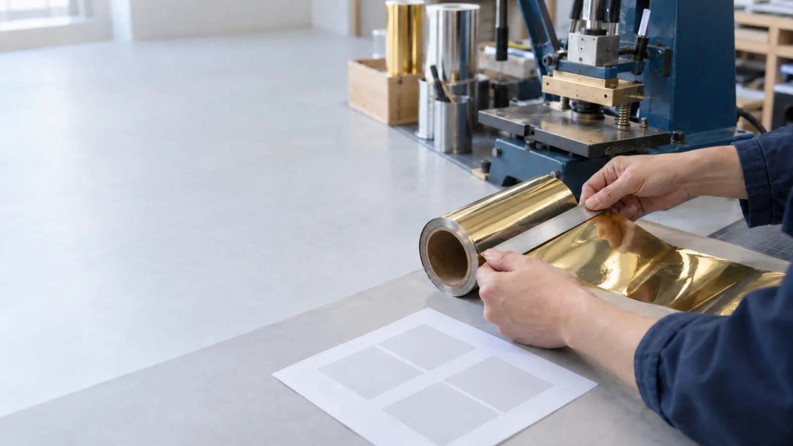 Tay người đo một cuộn màng nhũ cạnh máy ép trên bàn thao tác