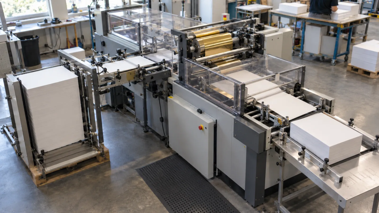 Chồng tờ ép kim không nhãn được xếp cạnh máy ép phẳng đang vận hành