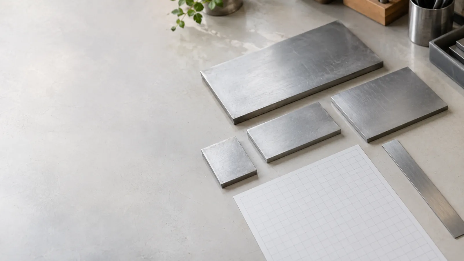 Các tấm kim loại màu bạc xếp cạnh sơ đồ cắt hình học và thước đo trên bàn thao tác