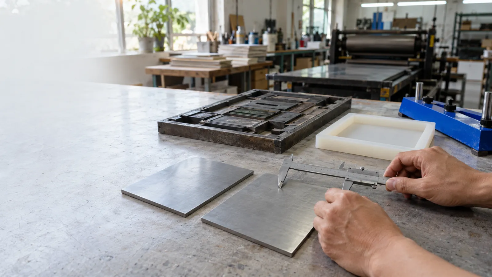 Hai tấm kim loại đặt cạnh khuôn gá letterpress và khung silicone