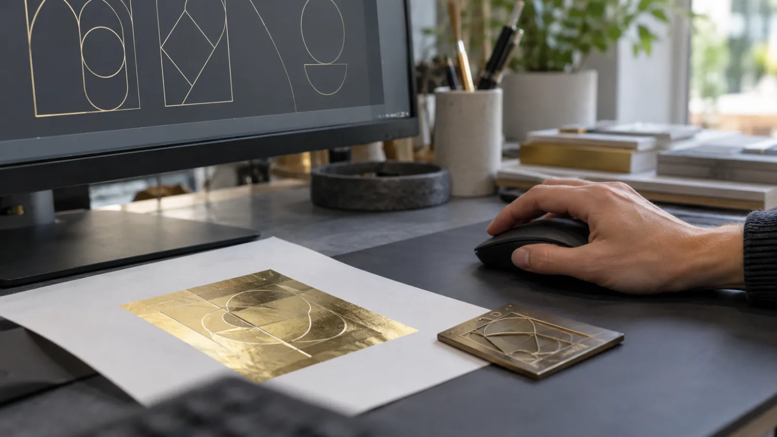 Cận cảnh màn hình có các đường vector chữ trừu tượng và bàn tay dùng chuột máy tính