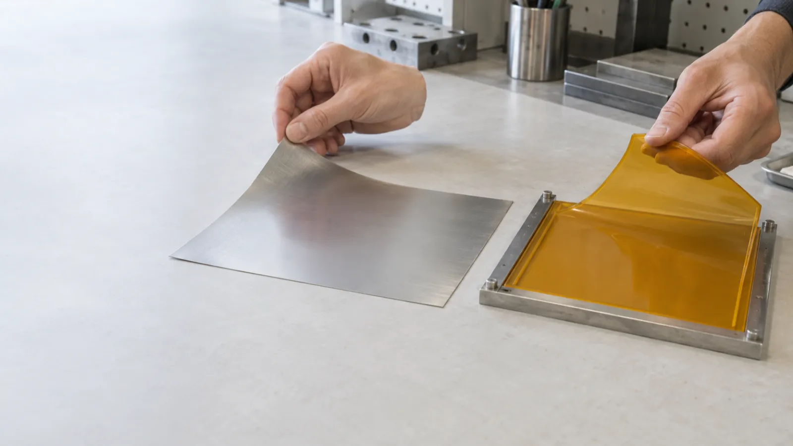Tấm polymer trong suốt đặt cạnh tấm khuôn kim loại phẳng trên bàn gia công