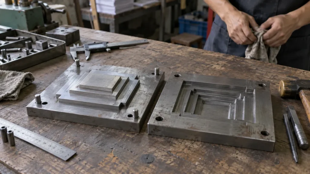 Cặp khuôn kim loại dập nổi đặt cạnh nhau trên bàn thao tác