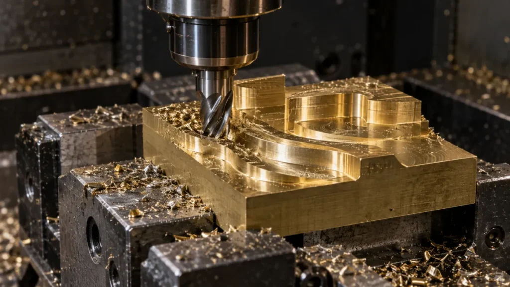 Dao phay CNC đang gia công bậc nổi trên tấm đồng thau gá trong ê-tô máy