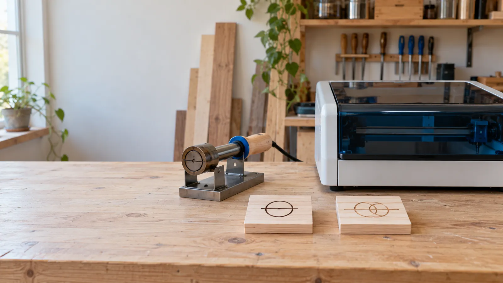 Dụng cụ dấu cháy gỗ và máy laser kín đặt cạnh hai mẫu gỗ